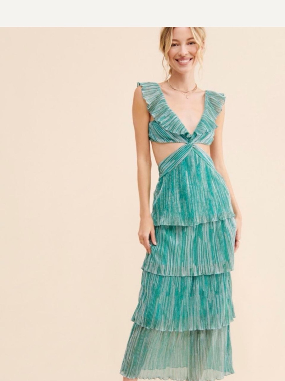 Saylor Shimmery Teal Tiered Ruffle Maxi Dress with Cutout Size L